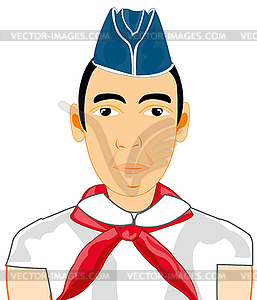 Boy in oversea cap and red pioneer tie - vector clipart