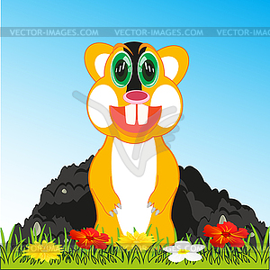 Cartoon amusing animal gopher peering out burrow - vector image