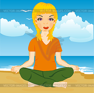 Girl yoga on beach - vector clip art