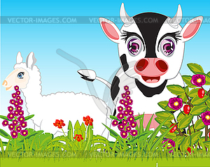 Pets animals on year glade with flower - vector clipart