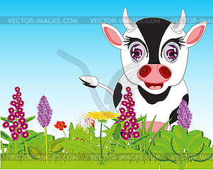 Домашние животные корова пасется на летнем лугу - клипарт в формате EPS