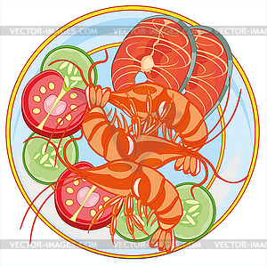 Тарелка с морепродуктами из креветок и рыбы - векторное изображение