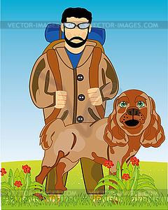 Men traveler with dog spaniel - vector image