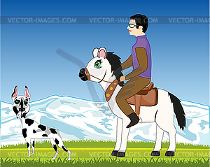 Man goes on horse on glade and dog - vector image