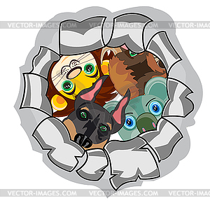 Animals peering out torn hole in wall - vector clipart