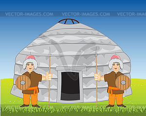Plague mongolian nomad and warriors guard in steppe - vector clipart
