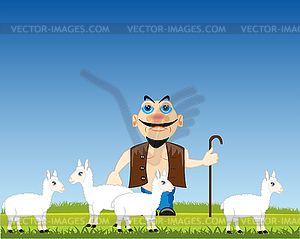 Man shepherd with sheep on year glade - vector clipart