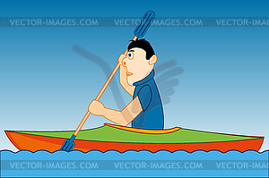 Young person sails on kayak adrift yard - vector clipart