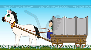 Man coachman on in wooden van by covered tarpaulin - vector clip art