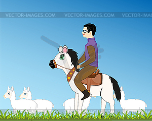 Man shepherd on horse and herd sheep - vector image