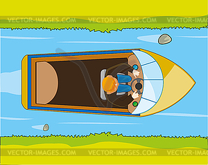 Small motorboat sails on river type overhand - vector clipart