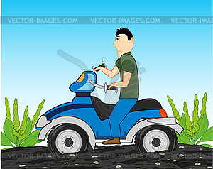 Man on quad bike rides on bad road - vector clip art