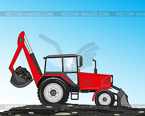 Tractor with scoop and shovel digs land - vector image