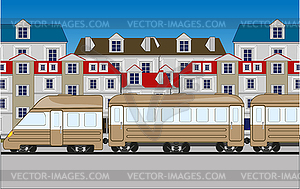 Passenger train with coach arrives in small city - vector image