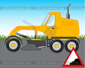 Cartoon of grader on road - vector image