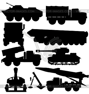Силуэт военных машин с ракетой и танком - изображение в векторном виде