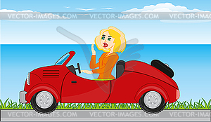 Girl goes to car on road beside seeshore - vector clipart