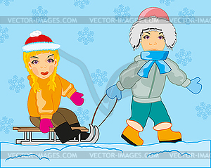 Boy rolls girl on sled in winter - vector image