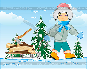 Man in winter on sled carries firewood - vector clipart