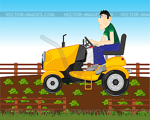 Man farmer on garden tractor in vegetable garden - vector clipart