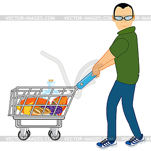 Man with pushcart pervaded product in shop - vector clipart