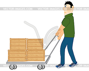 Cartoon men worker carrying boxes on pushcart - vector clipart