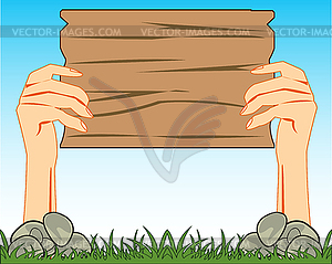 Hands of person protruding of herb with nameplate - vector clipart