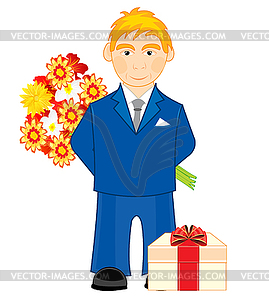 Молодой человек с букетом цветов и подарком - рисунок в векторе