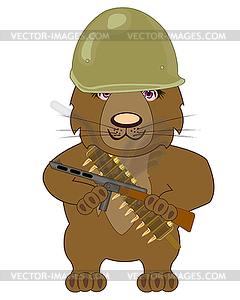Мультяшный медведь с оружием и в шлеме - векторный графический клипарт