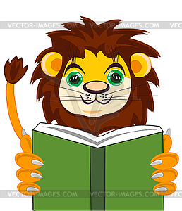 Cartoon of wildlife lion reading interesting book - vector image