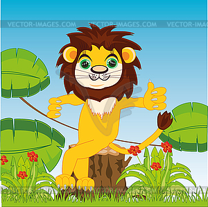 Cartoon animal lion in jungle sitting on stump - vector image