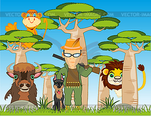 Huntsman with dog and wild animals in Africa - vector image