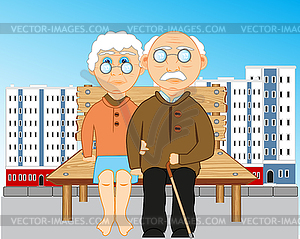 Elderly people sit on bench in city - vector image