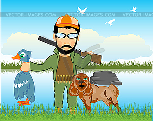 Huntsman on weft beside lake with dog - vector clip art