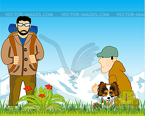 Two tourists and dog repose on nature - vector clipart