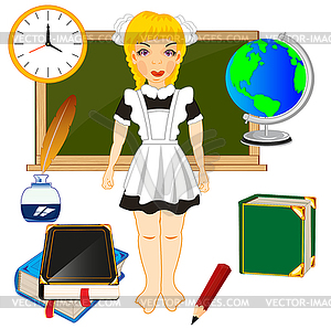 Girl schoolgirl and school accesories for training - vector image