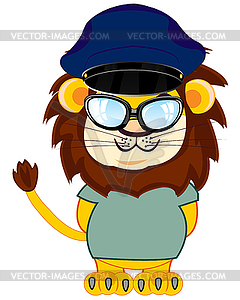 Детский рисунок животного льва в ткани и кепке - векторный клипарт EPS
