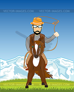 Nature and man cowpuncher with lasso on horse - vector clipart