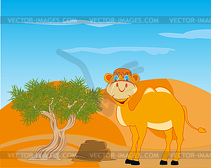 Peschannaya desert with animal camel and tree saxaul - vector clipart