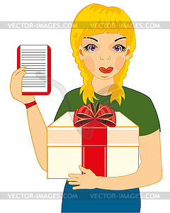 Woman courier with gift is insulated - vector clipart