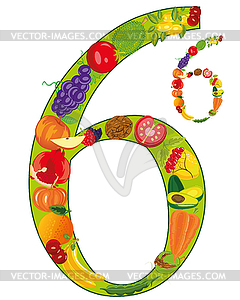 Decorative numeral six built of fruit and vegetables - vector clipart / vector image