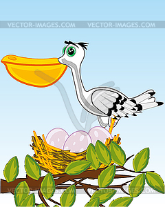 Bird pelican on jack with egg on tree - vector clip art