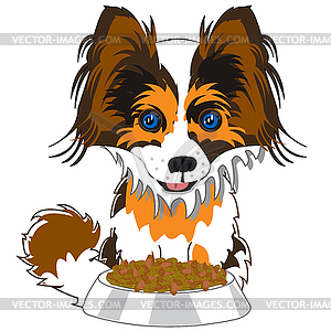 Home animal dog beside cups with meal - vector image