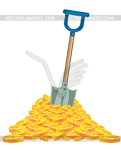 Heap of golden coins and tool shovel - vector clipart