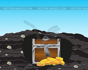 Coffer with golden coin hidden in ground - vector clipart