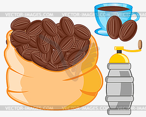 Сумка с зерновым кофе и кофемолкой - изображение в векторном виде