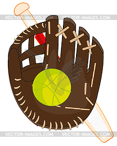 Glove for game of baseball and ball with bit - vector clipart