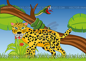 Wild animals leopard and snake in jungle - vector clip art