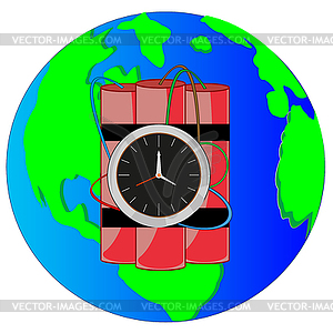 Planet land and bomb with clockwork threat - vector clip art