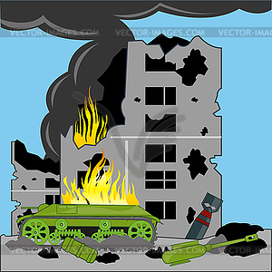 Destroyed war building and damaged tank war in city - vector image